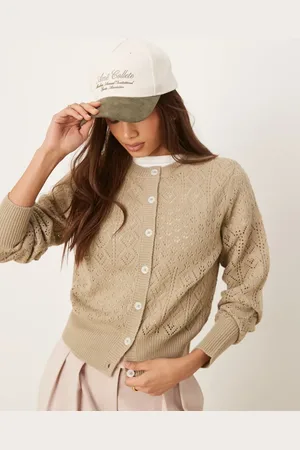 ASOS Cárdigan color moca de punto calado con bajo ancho de canalé de -Neutro