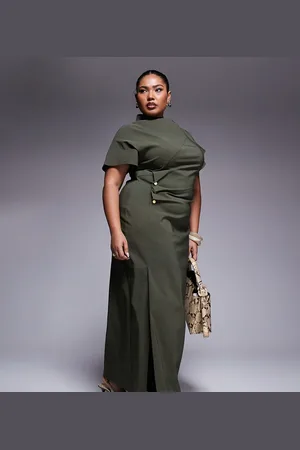 ASOS Vestido midi verde con cintura fruncida de bengalina de ASOS DESIGN Curve