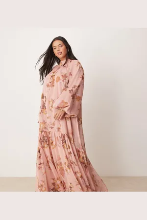 ASOS Vestido largo rosa amplio con estampado floral difuminado y lazada en la espalda de ASOS DESIGN Curve-Multicolor