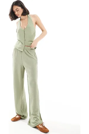 VERO MODA Pantalones verde con bajos abiertos de punto texturizado de (parte de un conjunto)