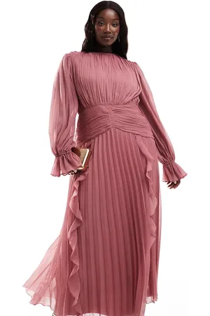 ASOS Vestido largo rosa negruzco con cuello alto, diseño fruncido y detalle de cinturón de ASOS DESIGN Curve