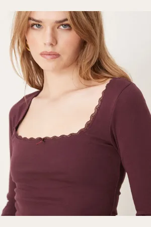 New Look Top de manga larga con escote cuadrado y ribete de encaje de -Rojo
