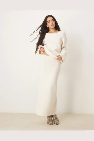Gina Tricot Falda larga color con abertura lateral de punto acanalado grueso de (parte de un conjunto)-Blanco