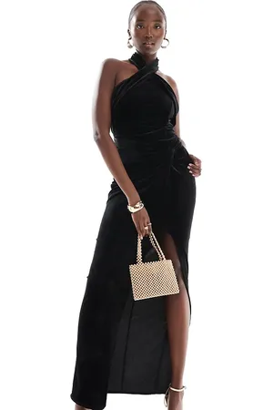 TFNC Vestido largo con cuello halter y abertura hasta el muslo de terciopelo de