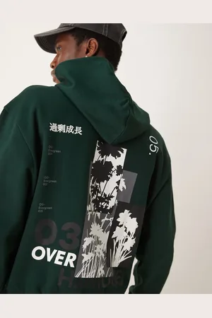 ASOS Sudadera verde oscuro de corte cuadrado extragrande con capucha y estampado floral trasero de