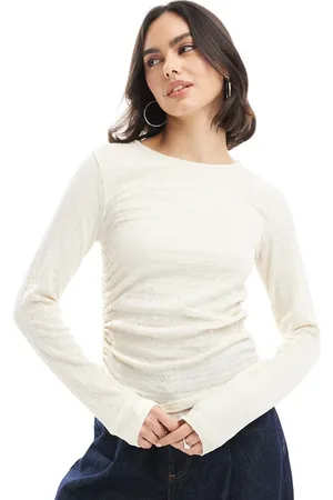 VERO MODA Top color crema de manga larga con detalle fruncido de tejido texturizado de -Blanco