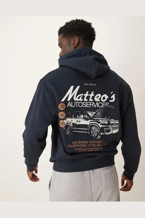 ASOS Sudadera azul marino extragrande con capucha y estampado de coche en el pecho y la espalda de
