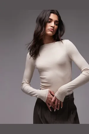 MANGO Top claro de manga larga con cuello barco de poliamida de