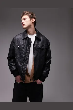 Topman Chaqueta bomber negra extragrande de cuero sintético efecto desgastado de