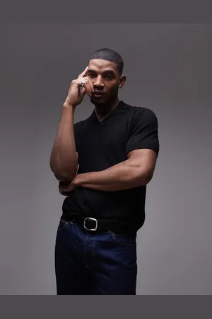 Topman Camisa negra de manga corta con cuello abierto de solapas de punto de
