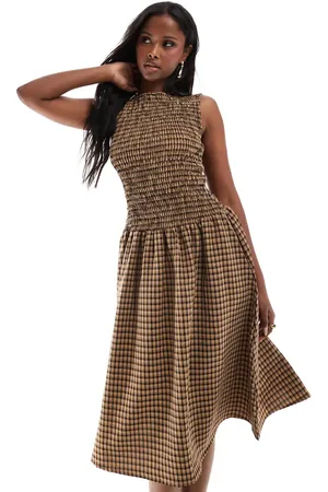 Daisy Street Vestido semilargo marrón a cuadros fruncido con cintura baja de