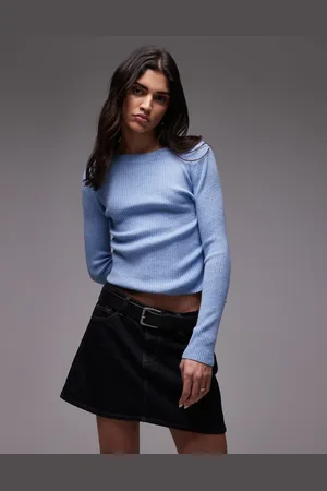 MANGO Top azul claro de manga larga con cuello barco de canalé de