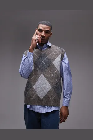 Topman Chaleco marrón con patrón de rombos y cuello de pico de punto de