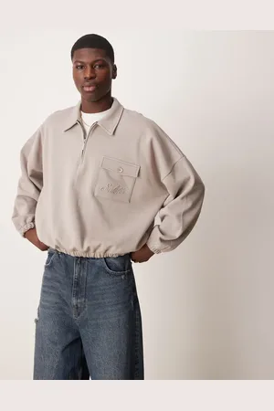 ASOS Jersey beis leche de corte cuadrado extragrande con cuello tipo polo y bolsillo bordado de -Neutro