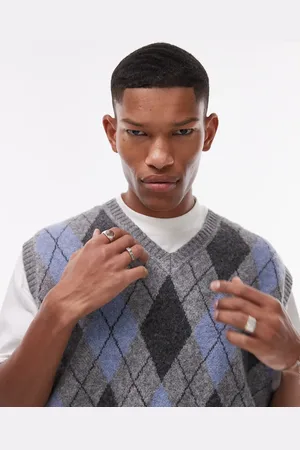 Topman Chaleco gris y azul con diseño de rombos de punto de