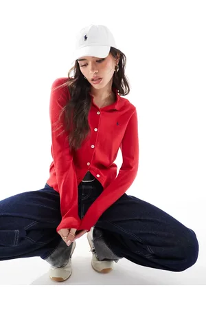 Ralph Lauren Cárdigan rojo con solapas, botones delanteros y logo de