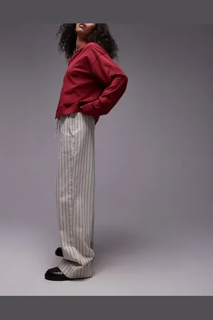 Topshop Pantalones a rayas sin cierres de pernera recta con lazada en la cintura de -Beis neutro