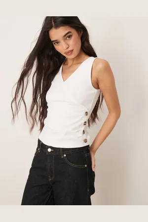 ASOS Camiseta color cruzado de tirantes con botones de cupro de -Blanco