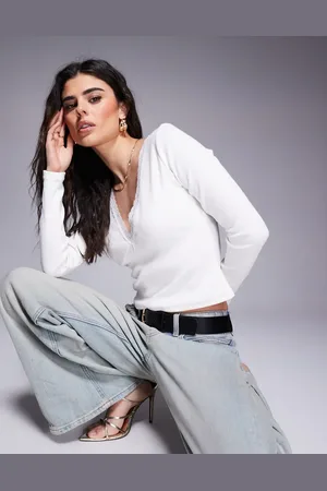 ASOS Top color escotado de manga larga con ribete de encaje de -Blanco