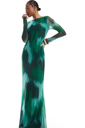 VERO MODA Vestido largo verde oscuro de manga larga con estampado abstracto de malla de -Multicolor