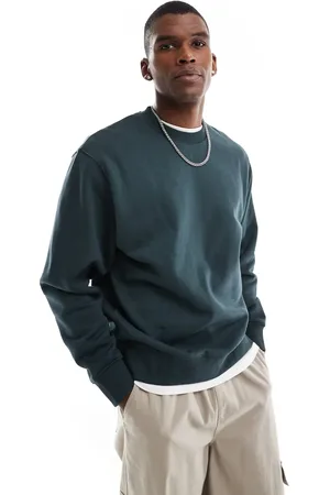 JACK & JONES Sudadera verde oscuro extragrande con cuello redondo de tejido grueso de 400 g/m2 de