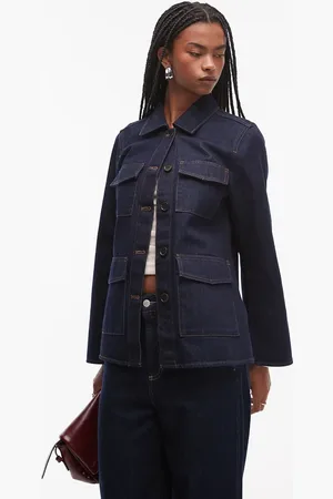ARKET Chaqueta vaquera estilo camisa con lavado azul añil enjuagado, bolsillos de parche y costuras en contraste de -Azul marino