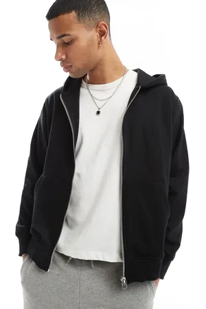 JACK & JONES Sudadera negra extragrande con capucha y cremallera de tejido grueso de 400 g/m2 de