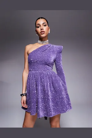 ASOS Vestido corto asimétrico de corte skater con lazo en la espalda de lentejuelas de -Morado