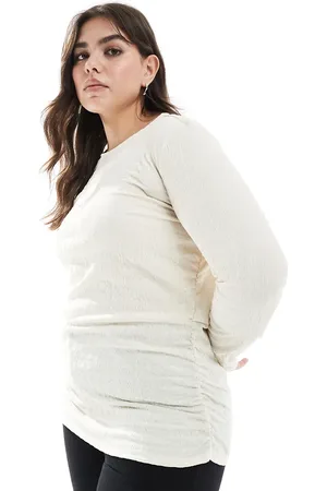 VERO MODA Top color crema de manga larga con detalle fruncido de tejido texturizado de -Blanco