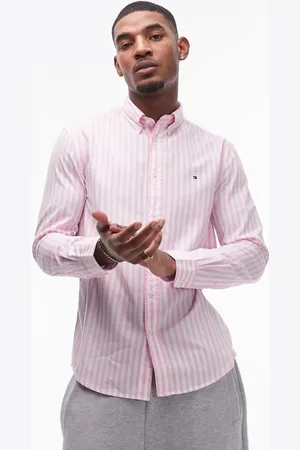Tommy Hilfiger Camisa rosa a rayas llamativas de popelina Flex de