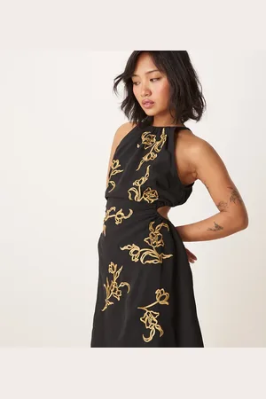 ASOS Vestido corto con bordado floral, abertura en la espalda y cuello halter de ASOS DESIGN Petite-Multicolor