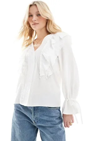 VERO MODA Blusa blanca con lazadas en las mangas y volantes de -Blanco