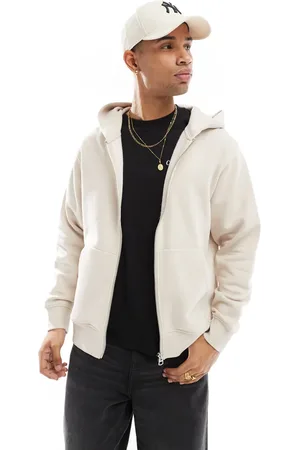 JACK & JONES Sudadera color crema extragrande con capucha y cremallera de tejido grueso de 400 g/m2 de -Blanco