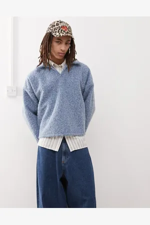 Reclaimed Jersey azul pastel de corte cuadrado extragrande con cuello tipo polo de tejido texturizado de