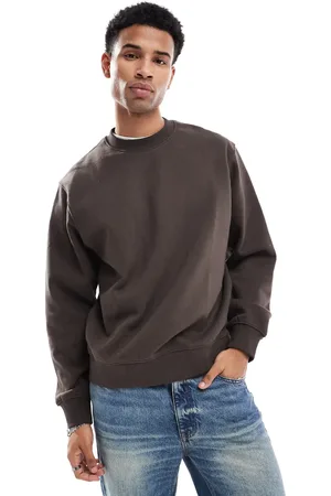 JACK & JONES Sudadera marrón chocolate extragrande con cuello redondo de tejido grueso de 400 g/m2 de Premium