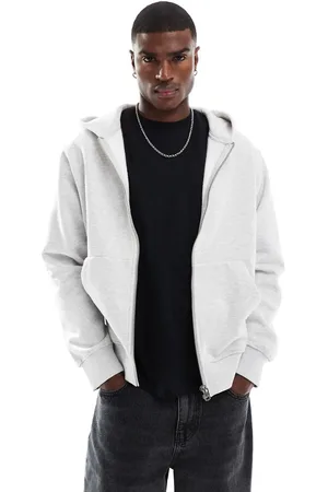 JACK & JONES Sudadera gris claro extragrande con capucha y cremallera de tejido grueso de 400 g/m2 de