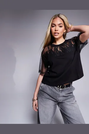 Armani Exchange Camiseta negra de corte cuadrado con logo de malla de