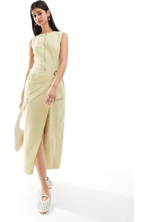 ASOS Vestido midi color piedra con lavado ácido, detalle de hebilla y abertura en el bajo de sarga de -Multicolor