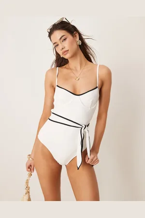 Free Society Bañador blanco hueso y negro con aros y lazada delantera de -Multicolor