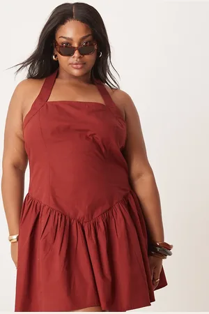 ASOS Vestido corto con cuello halter y volante en el bajo de ASOS DESIGN Curve-Rojo