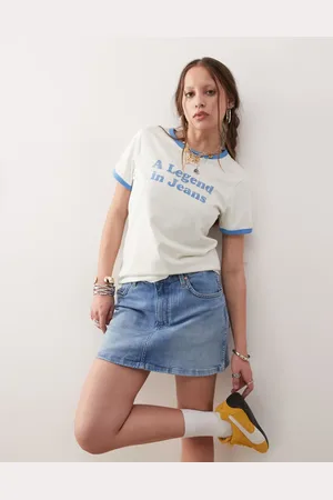 Wrangler Camiseta blanco envejecido y azul con ribetes y texto de