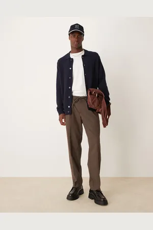 MANGO Pantalones marrones de pernera recta y lazada en la cintura con pinzas de