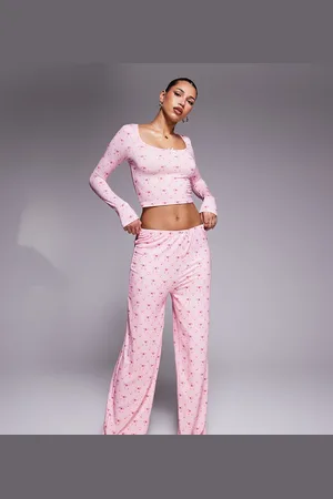 Kaiia Pantalones de pijama rosas de pernera ancha con estampado de lazos exclusivos de (parte de un conjunto)-Multicolor
