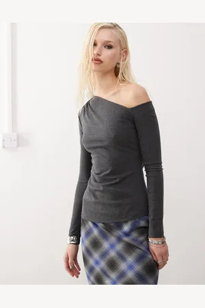 Urban Revivo Top gris jaspeado ceñido con escote Bardot de