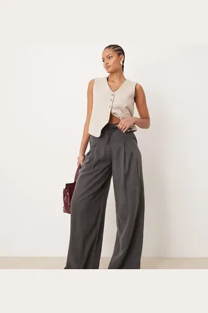 ASOS Pantalones grises de pernera ancha con pinzas y lazada de Tall