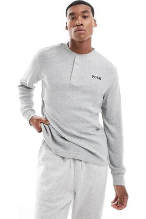 Ralph Lauren Camiseta gris de estar por casa de manga larga con cuello panadero de punto gofrado de