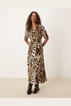 JDY Vestido camisero largo de manga corta con estampado de leopardo y lazada en la cintura de