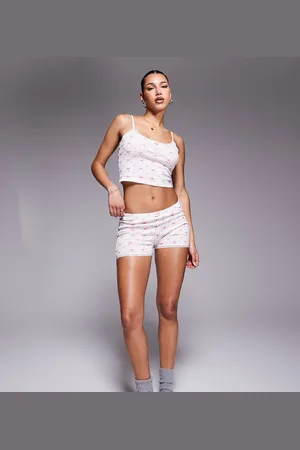 Kaiia Pantalones cortos de pijama blancos con estampado de lazos y detalle de rosa de pointelle exclusivo de (parte de un conjunto)-Multicolor