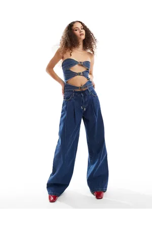 Lioness Vaqueros azules holgados de talle bajo con lavado oscuro, pinzas delanteras y detalle de lazada de (parte de un conjunto)-Marrón