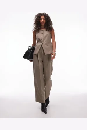 Topshop Pantalones de sastre color de talle medio y corte globo con pinzas de -Beis neutro